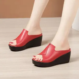 Slippers 6Cm Small Size 32-43 Genuine Leather Platform Wedges Sandals Summer 2024 Thick Bottom Slides Med Heels Office B Summer Hot With Box