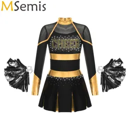 Kids Girls Cheerleading Uniform Dance Costume Glittery Rhinestones Metallic Long Sleeve Pleated Dress with 2Pcs Hand Flowers 240305