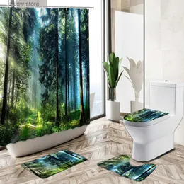 샤워 커튼 안개 숲 나무 풍경 샤워 커튼 세트 봄 녹색 식물 경치 욕실 욕조 욕조가 아닌 깔개 화장실 덮개 목욕 MAT Y240316