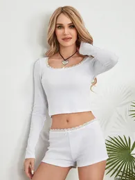 Women's Tracksuits Women 2 Piece Lace Trim Pajama Sets Ribbed Knit Y2k Long Sleeve Crop Top Shorts Sleep PJs Outfit Lounge Set