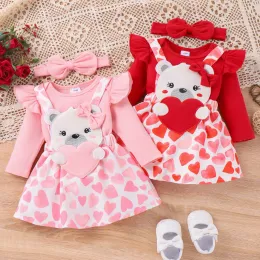 Klänningar mababy 018m valentins dag nyfödda spädbarn småbarn baby flicka kläder set rompers björn hjärttryck kjolar pannband kläder d05