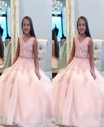 أنيقة Pink Girl039S Pageant Dresses Vneck Lace Homesless Aline Flower Girls Dresses Cheap Kids Prom Vestidos 7948055