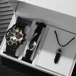 Other Watches 3pcs set Black Quartz Leather Bracelet For Men Round Classic Necklace Set Calendar Luminous Clock Y240316