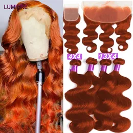32 Ginger Orange Colored Body Wave Bundles With lace Closure Frontal HD With Bundles Ombre Raw Human Hair Weave 3/4 Bundle Deal 240312