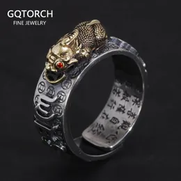 Vintage Pure Silver S925 Six Words Heart Sutra Ring Mens Justerbara Golden Pixiu Vajra Buddhist Religious Fine Jewelry 240305