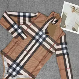 Kvinnors designermärke en stycke kostym, ny stil europeisk amerikansk checktryck hög hals bodysuit, långärmad topp, högkvalitativ kvinnors kläder