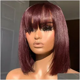 Lace Wigs Straight Bob Human Hair With Bang Fl Hine Made Brazilian Remy For Black Woman 10 12 Inch 230110 Drop Delivery Dhbxw