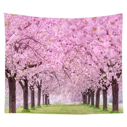 Rosa Kirschblütenwald Wandteppich Frühlingsblumen Wandbehang Stoffteppiche Blumenwanddecke für Zuhause Wohnzimmer Dekor 240304