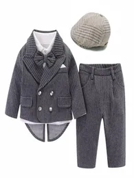 Baby Boy Tuxedo Odzież z kapeluszem 2021 Spring Cotton Suit Noworodek 1th Birthday Sukienka 3 sztuki Striped Infant Children 9131560