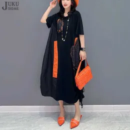 Basic Casual Dresses Patches Design Draped Sides New Summer Japanese Style Woman Black Pullover Dress Loose Fit Big Size Casual Large Robe JJXD453C24315