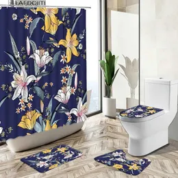 Duschvorhänge, tropische exotische Pflanzen, Duschvorhang, Blumenblätter, bunte handbemalte Kunst, Badezimmer, rutschfester Teppich, Toilettenbezug, Fußmatten-Set, Y240316