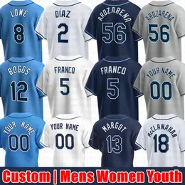 Custom 56 Randy Arozarena 5 camisa de beisebol de Franco Shane McClanahan Wade Boggs Tyler Glasnow Brandon Lowe Shane Baz Harold Ramirez Yandy Diaz Zach Eflin