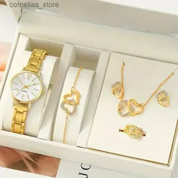 Altri orologi 6 pezzi / set Set di gioielli con strass a forma di cuore al quarzo dorato di lusso da donna Regalo di San Valentino per lei Y240316