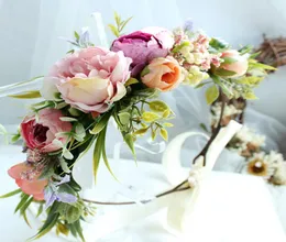 Bridal flowers wreath boutique girls simulation stereo rose princess flowers crown children ribbon Bows beach holiday hairbands YA6759717