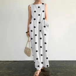 Sukienki swobodne sukienka retro maxi z kropką drukującą o szyi duże kieszenie dla kobiet w rozmiarze miękka kostka