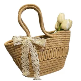 Borsa a tracolla elegante in paglia con fiocco in stile francese, borsa a tracolla in tessuto casual da ragazza dolce estiva da donna