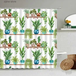 Shower Curtains Tropical Plants Shower Curtains Cactus Green Potted Leaves Watercolor Print Modern Nordic Home Decor Bathroom Curtain Set Hooks Y240316