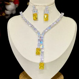 Wedding Jewelry Sets Square cubic zirconia bridal jewelry bright yellow pendant necklace earrings wedding party jewelry set Bijoux Femme X248 Q240316