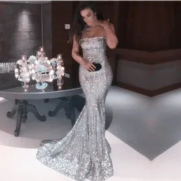 2024 Sexy Strapless Silver Mermaid Prom Dresses Sparkly Sequined Long Formal Evening Gowns Cheap Vintage Party Wear