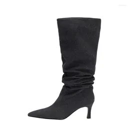 Botas famosa marca preto cinza fino salto alto botas mujer moda sapatos femininos design plissado stiletto slivery joelho-alto conciso