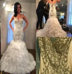 Luxury Mermaid Wedding Dresses Bling Beaded Rhinestone Feather paljetter Beach bröllopsklänningar Sop Train Sweetheart Plus Size Bridal6922032