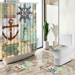 Shower Curtains Ocean Beach Starfish Shell Shower Curtain Anchor Lighthouse Nautical Theme Non-Slip Pedestal Rug Toilet Cover Bathroom Deco Set Y240316