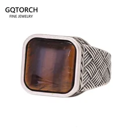 REAL PURE 925 Sterling Silver Ring Antique Vintage Mens Natural Agate Tiger Eye Fine Jewelry 240305