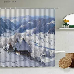シャワーカーテン冬の風景シャワーカーテン雪の山湖の木の岩自然景色の浴室の壁の装飾フック防水スクリーンY240316