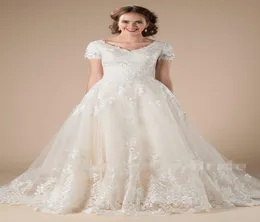 ALine Lace Tulle Vintage Modest Wedding Dresses With Short Sleeves Appliques Formal Country Western LDS Wedding Dresses Temple Br5818392