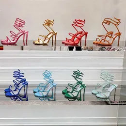 디자이너 장식 Rene Caovilla Cleo Cleo Rhinestone Heels Sandals 발목 랩 어라운드 여성 하이힐 샌들 꽃 저녁 신발