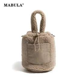 MABULA Winter-Plüsch-Eimer-Handtasche, Kunstfell, Kordelzug, flauschige Umhängetasche für Damen, modisch, klein, niedlich, Khaki, Henkel oben, Geldbörse 240306