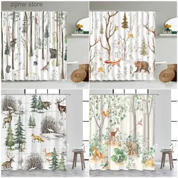 Shower Curtains Forest Animals Shower Curtains Farm Bird Reindeer Fox Squirrel Elk Bear Wildlife Plants Painting Home Decor Bathroom Curtain Set Y240316