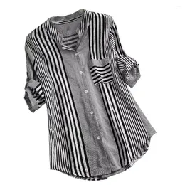 Женские блузки, весенне-осенние хлопковые льняные рубашки с длинными рукавами, полосатые повседневные рубашки с v-образным вырезом и воротником-туникой, топы