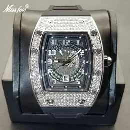 MISSFOX 2021 New Arrival Tonneau Men Watches Iced Out Full Diamond Rubber Strap Watch Hollow Dial Design Luxury Sport Male Clock263C