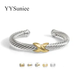 Yysuniee 18k Gold-Plated Jewelry Designer Twisted Cable Wire Cuff Bangles For Women Luxury Brand Armband Christmas Gift 240312