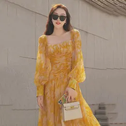 Casual Dresses Summer For Women 2024 Yellow Elegant Chiffon Maxi Dress Korean Långärmad strandtunik Floral Prom Evening Semester