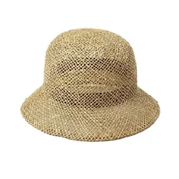 Dome Bell Şeklinde El Dokuma Seagrass Hasır Şapka Açık Seyahat Güneşlik Ladies Straw Fisherman Yaz için Hollow Buck Hat 240314
