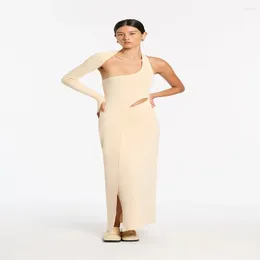 Повседневные платья Модный дизайн Эластичное платье с одним рукавом для женщин Бандажная юбка Открытый пупок с длинными рукавами Сексуальная открытая спина с полым разрезом