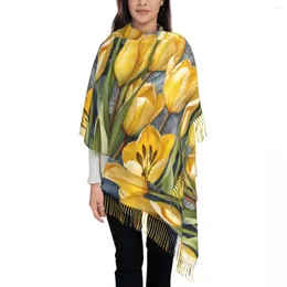 Lenços amarelo tulipa flor lenço aquarela planta xale envolve com borla senhoras grande outono designer bufanda mujer