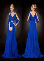 Chiffon azul royal V pescoço com miçangas de miçangas longas e elegantes Vestidos de noite sexy para mulheres vestido de festa longo formal g8323547