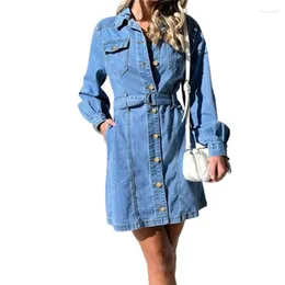 Abiti casual Patchwork sul petto Doppie tasche Abito in denim da donna Vita alta Cardigan monopetto con lacci Abbigliamento da pendolare femminile