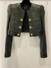 고품질 EST 패션 2024 디자이너 재킷 여성 가짜 가죽 패치 워크 사자 사자 버튼 트리머 재킷 240307