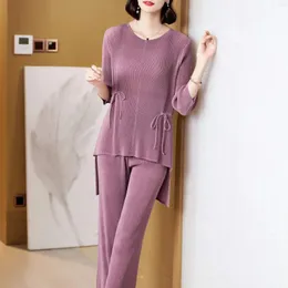 سراويل سراويل مكونة من قطعتين من قطعتين Miyake Classic Sets 2024 Spring غير منتظم Long Sleve Tops Harem Women Women Casual Vintage Designer Suit