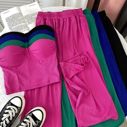 Set da donna 2 pezzi Top a tubino da donna alla moda Y2k Top corto lavorato a maglia all'interno del reggiseno e pantaloni a vita alta con gamba larga da donna Dropship 240315