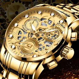 Coole hohle Männer Quarz-Armbanduhren Gold Luxus wasserdichte Sportuhren männliche Geschäftskalender Edelstahl-Mann-Uhr Reloj 240311