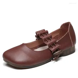 Casual Shoes Det första lagret av Cowhide handgjorda kvinnors retro singel National Style Literary Fan Mormor Flat