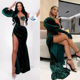 Green Velvet Prom Dresses Puffy One Shoulder Long Sleeve Evening Gowns Mermaid Side Split Girl's Beauty Pageant Dress