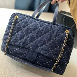 Womens Denim Travel Maxi XXL Airport Bags Gold Metal Hardware Matelasse Chain Crossbody Bowling Houtter Blue Hands Luggage 42x28cm