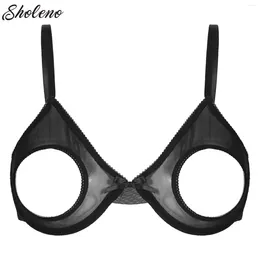 Bras Womens Hollow Out Open Cups Bra Tops Sheer Mesh Chest Cupless Brassiere Underwired Exposed Nipples Lingerie Underwear