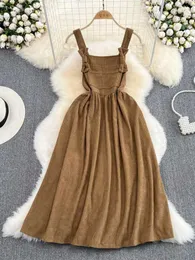 Basic Casual Dresses Foamlina Casual Women Corduroy Dress New Spring Autumn Spaghetti Strap Sleless Loose Waist A-line Midi Vintage Fe DressC24315